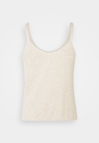 Top sin mangas beige hecho de una tela acanalada y texturizada. Presenta un escote en forma de U profundo y tirantes finos. Diseño simple y minimalista.