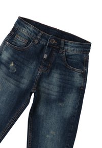Jeans in denim blu scuro con dettagli usurati, design a cinque tasche e chiusura con bottone. Caratterizzati da cuciture visibili e una vestibilità moderna.