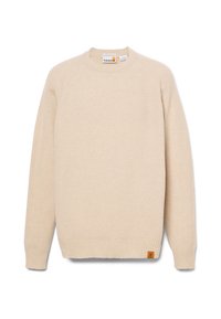 Maglione beige a coste con scollo rotondo e maniche lunghe. Presenta un'etichetta con logo nell'angolo in basso a sinistra. Tessuto morbido e vestibilità standard.