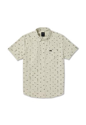 Chemise beige à manches courtes avec col, imprimé de petits palmiers et animaux, et une poche poitrine avant avec une étiquette RVCA.