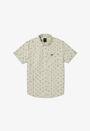 Beżowa koszula z krótkim rękawem na guziki, z kołnierzykiem, małym nadrukiem palm i zwierząt oraz przednią kieszenią na piersi z etykietą RVCA.