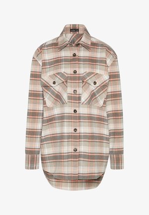 Langærmet skjorte med knapper, i pink, beige og gråt ternet mønster, to brystlommer med klap og en buet kant.