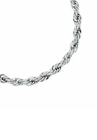 Collana in argento con catena intrecciata caratterizzata da anelli intrecciati, finitura lucida e una superficie liscia, creando un design fluido ed elegante.