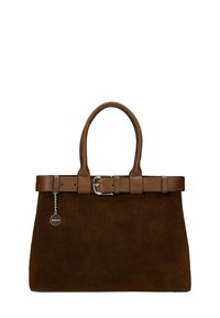 Bruine suède handtas met een gestructureerd bruin leren riemdetail en een zilveren gesp. Heeft dubbele handvaten en een klein merklabel.