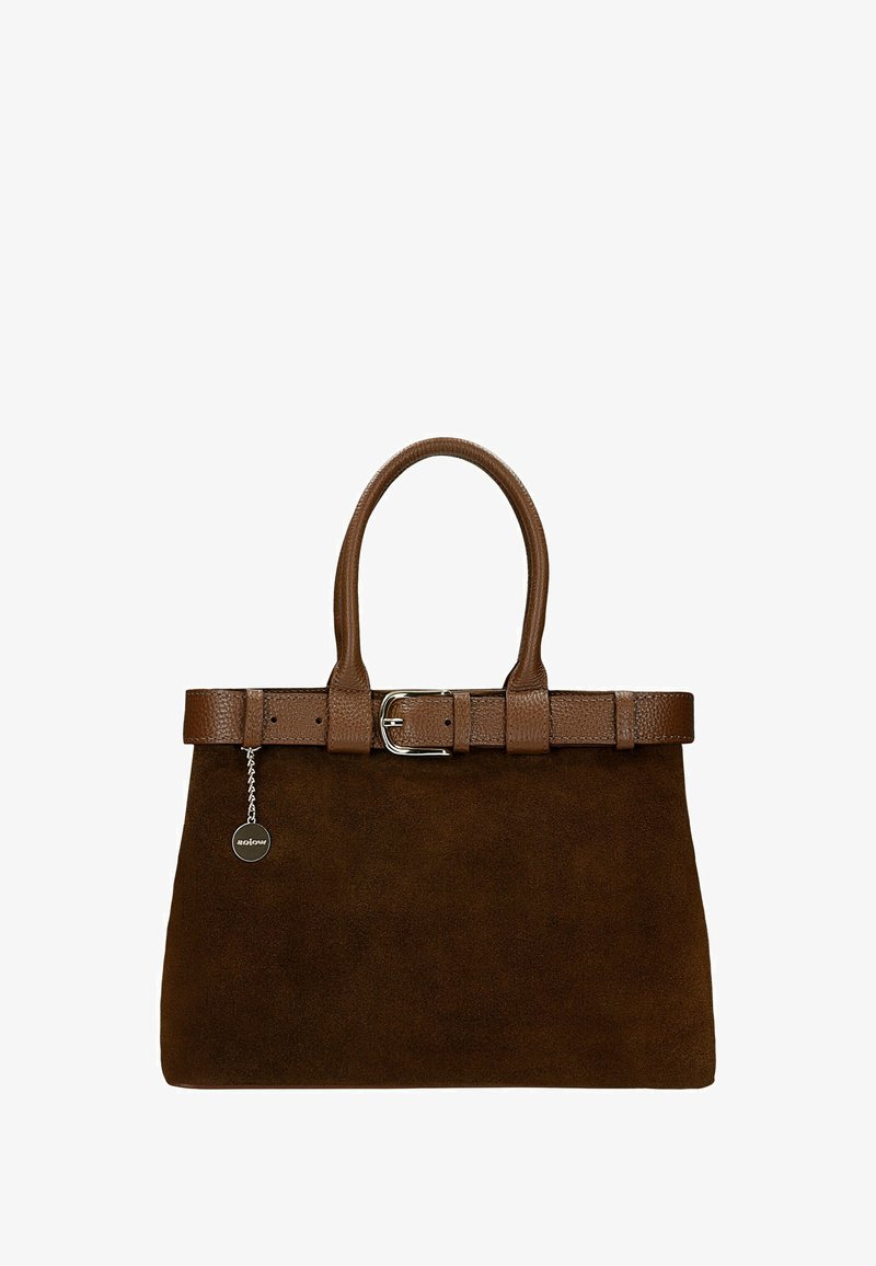 Braune Wildleder-Handtasche mit einem strukturierten braunen Leder-Gürtel Detail und einer silbernen Schnalle. Verfügt über doppelte Griffe und ein kleines Markenetikett.