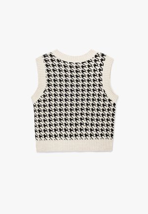 Strickweste ohne Ärmel mit einem schwarz-weißen Hahnentritt-Muster. Rippkragen und -saum. Glatte Textur mit enganliegendem Design.