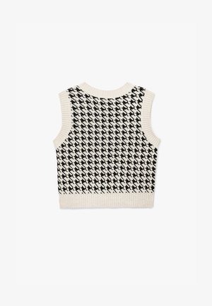 Szydełkowy bezrękawnik z czarno-białym wzorem w kratę. Żebrowany dekolt i dół. Gładka tekstura z dopasowanym krojem.