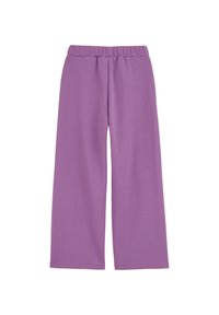 Violet plaša kāju bikses, izgatavotas no mīksta auduma ar elastīgu vidukļa joslu. Gluda tekstūra un nav redzamu rakstu vai papildu akcentu.