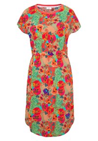 Blumenkleid mit Rundhalsausschnitt, kurzen Ärmeln und elastischem Bund. Verfügt über lebendige rote, pinke und grüne Blumenmuster auf beige Hintergrund.
