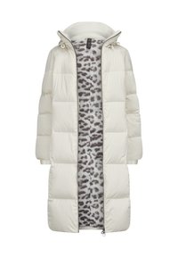 Gepolsterte Oberbekleidung in Creme mit einem Reißverschluss vorne. Das Innere zeigt ein weiches graues und weißes Leopardenmuster. Sie verfügt über einen hohen Kragen und eine verstellbare Kapuze.