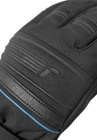 Schwarzer Handschuh mit strukturiertem Stoff, einem Lederakzent und einem dünnen blauen Streifen. Das Design umfasst gestickte Details und geformte Muster.