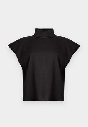 Svart kortermet topp med høy krage, med en avslappet passform og et glatt, elastisk stoff. Minimalistisk design, uten mønstre eller aksenter.
