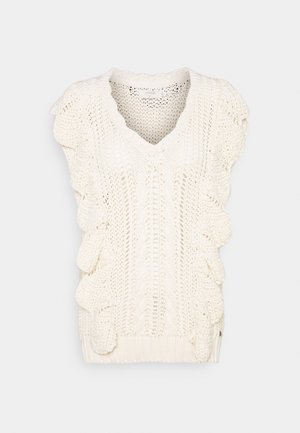 Gilet sans manches en tricot couleur crème avec des détails à volants sur les côtés et un col en V.