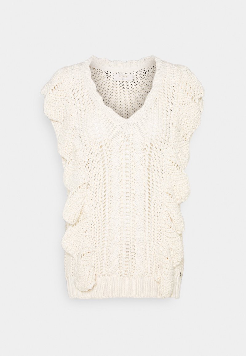Gilet sans manches en tricot couleur crème avec des détails à volants sur les côtés et un col en V.