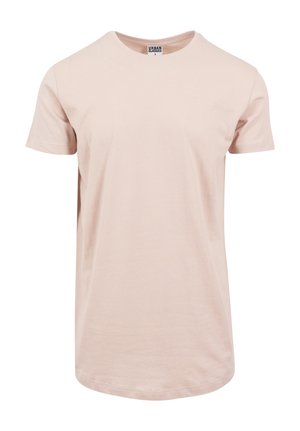 Lyserød bomulds t-shirt med rund hals, korte ærmer og lige kant. Har en diskret tekstur uden mønstre eller accenter.