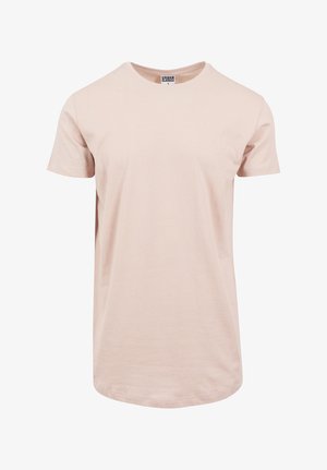 Világos rózsaszín pamut póló, kerek nyakkivágással, rövid ujjal és egyenes szegéssel. Finom textúrával rendelkezik, minta vagy díszítés nélkül.