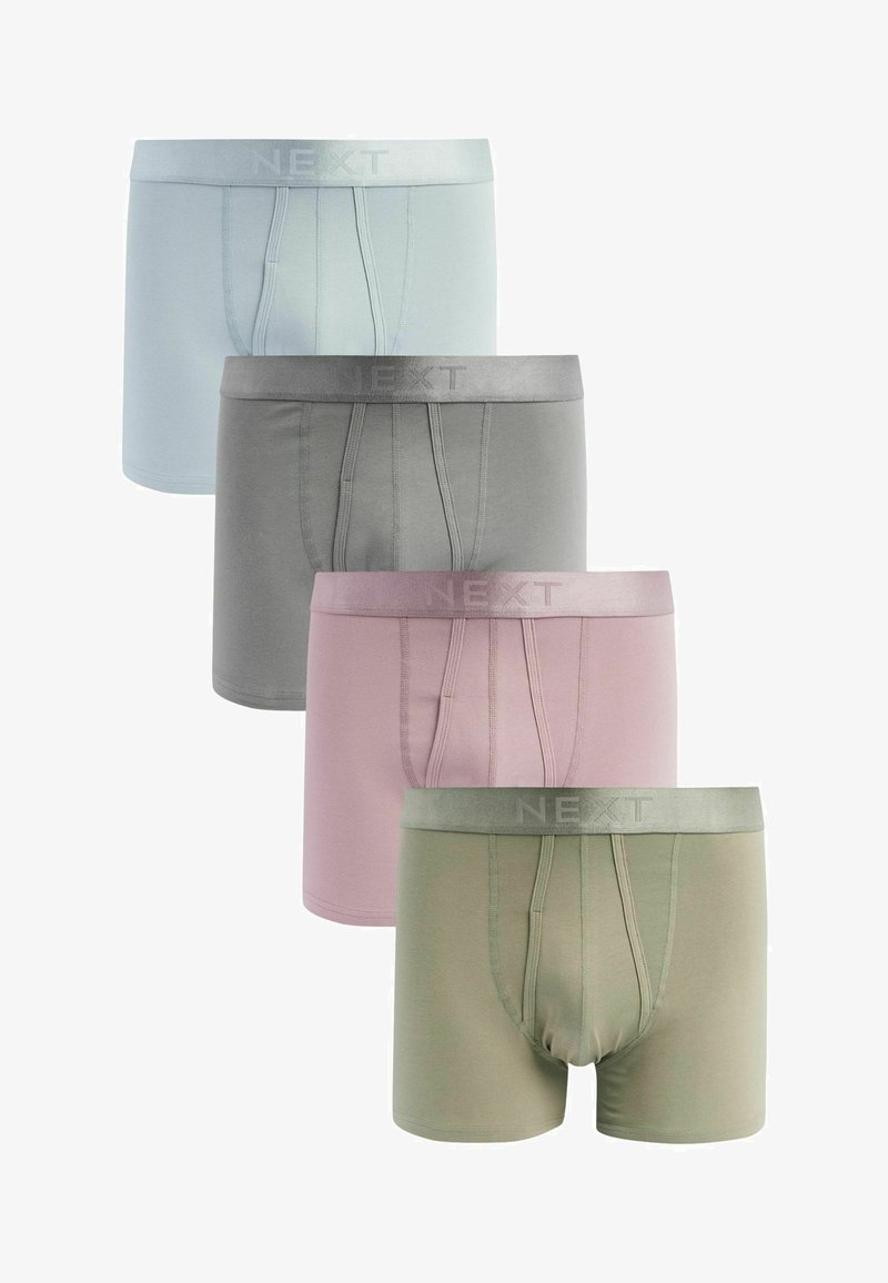 Pacchetto di quattro boxer in blu chiaro, grigio, rosa e verde oliva. Realizzati in materiale morbido con vita elasticizzata e logo "NEXT".