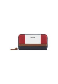 Portefeuille zippé avec des sections rouges, blanches, marron et bleu marine ; surface texturée ; comprend une plaque logo en métal et un tirage en forme de glands marron.