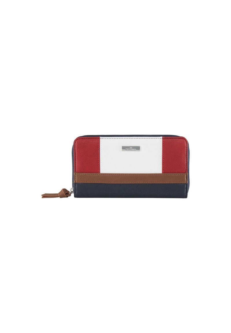 Portefeuille zippé avec des sections rouges, blanches, marron et bleu marine ; surface texturée ; comprend une plaque logo en métal et un tirage en forme de glands marron.