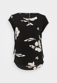 Blusa nera floreale con collo rotondo, maniche corte e orlo curvato. Il design presenta fiori bianchi e beige con accenti sottili.