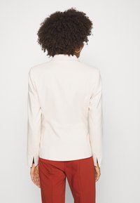 Blazer blanc ajusté avec des manches longues, détails de fente au dos, associé à un pantalon couleur rouille. Texture lisse, design sur mesure.
