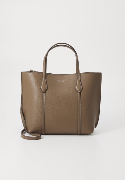 Brown leather tote bag with double handles and a detachable shoulder strap. Features structured design and silver logo on front.