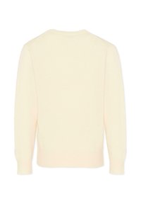 Crème-kleurige trui gemaakt van zacht gebreide stof. Heeft lange mouwen, een ronde hals en geribbelde manchetten en onderrand. Minimalistisch ontwerp.