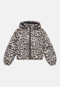 Casaco puffer com capuz em estampado leopardo preto e bege, com fecho éclair frontal, punhos elásticos e bolsos laterais.