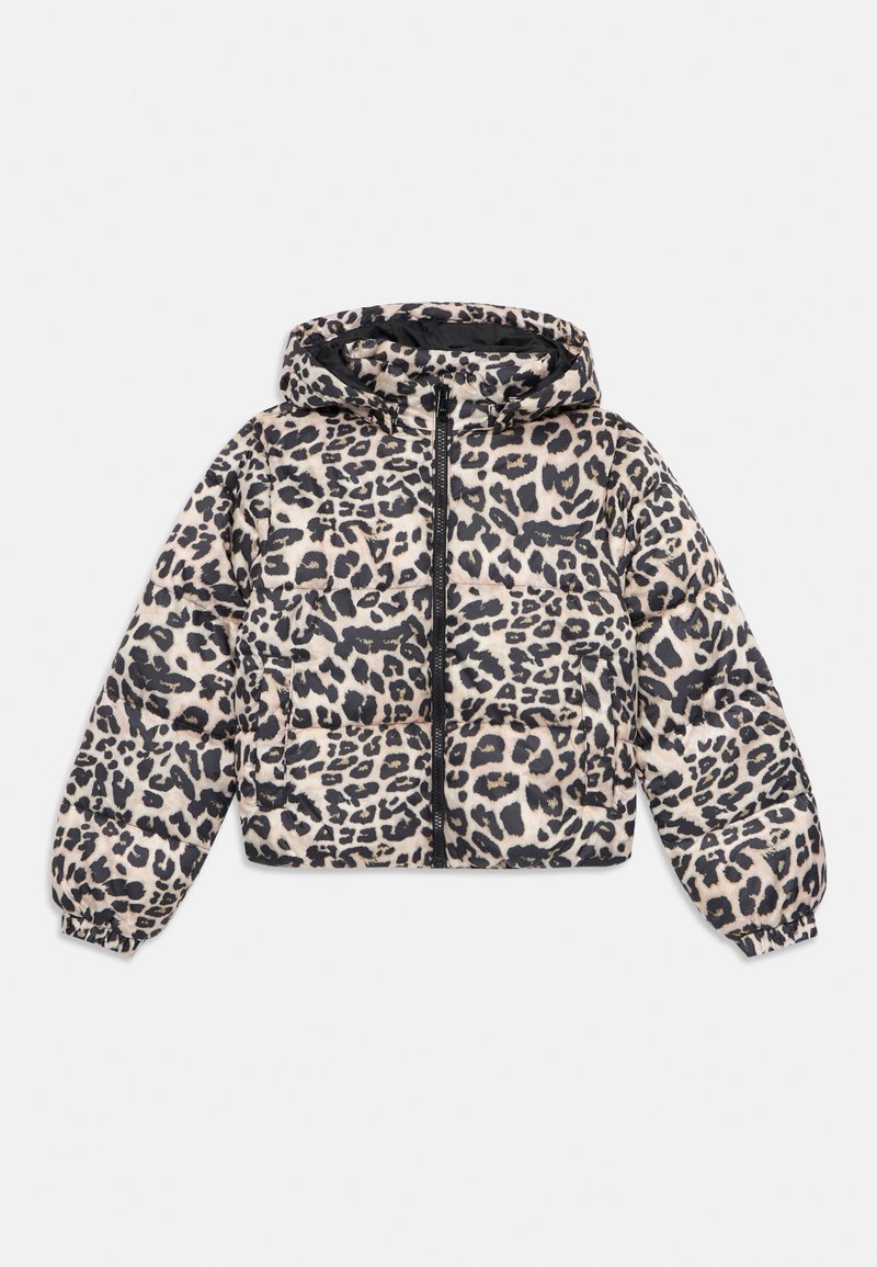 Casaco puffer com capuz em estampado leopardo preto e bege, com fecho éclair frontal, punhos elásticos e bolsos laterais.