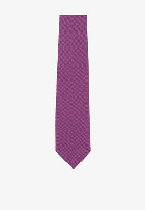 Purple tie with a textured pattern and small white dots, featuring a pointed end and a glossy finish.