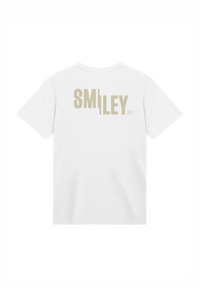 Weißes Baumwoll-T-Shirt mit großem beigen "SMILEY"-Text auf der Rückseite. Kurze Ärmel und klassischer Rundhalsausschnitt.