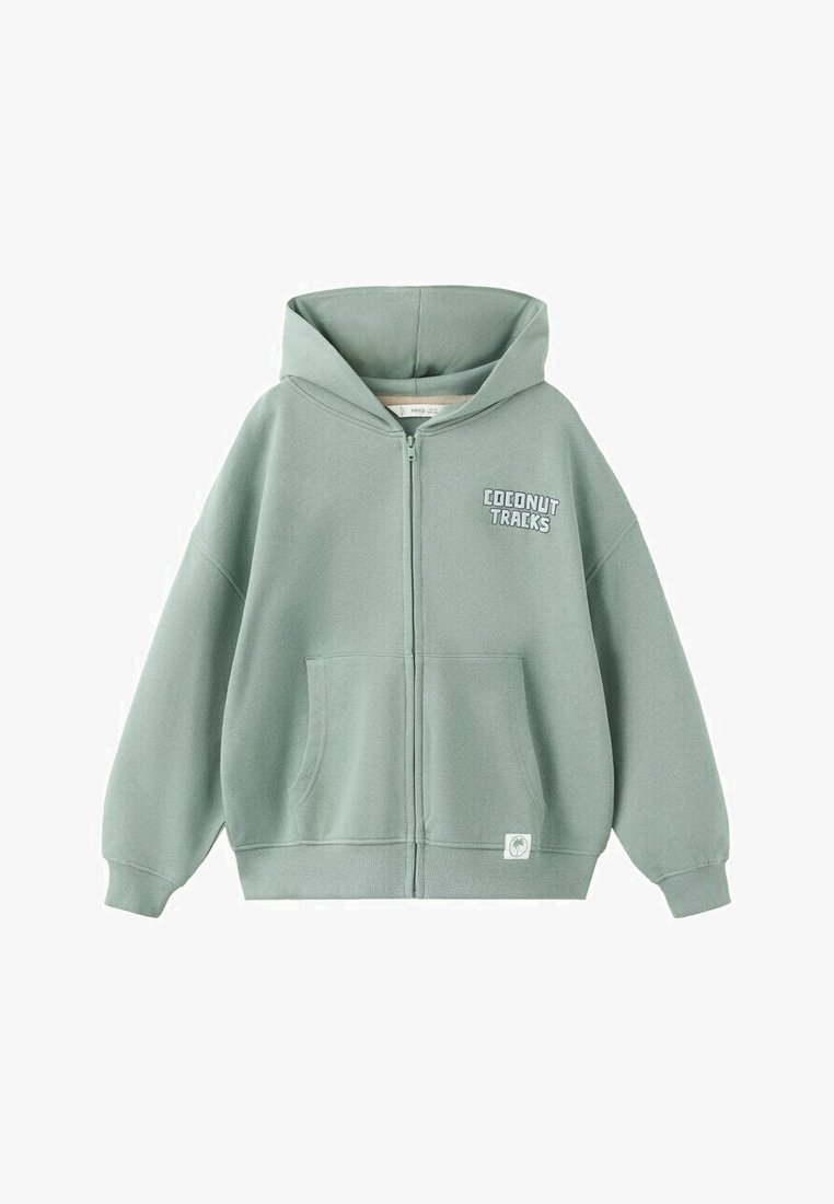 Hanorac verde deschis cu fermoar, buzunare frontale și textul „Coconut Traks” pe pieptul stâng, cu o etichetă mică în formă de palmier lângă tiv.