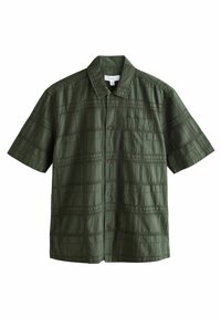 Korte mouwen shirt in olijfgroen, met een geruit patroon, een knoopsluiting aan de voorkant en een borstzak met bruin knopen. Zachte stoftextuur.