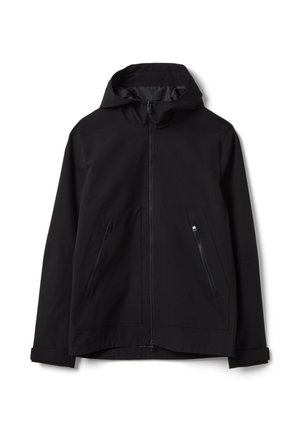 Giacca nera con cappuccio, cerniera frontale e due tasche laterali con cerniera, maniche lunghe e polsini regolabili.