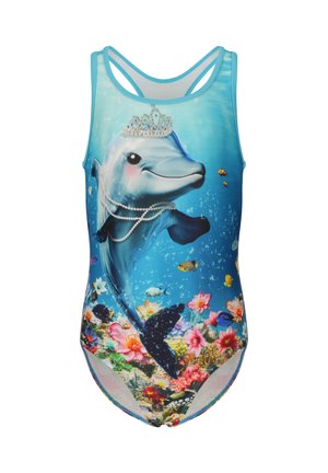 Child's blue swimsuit with smiling dolphin wearing a tiara and pearl necklace, surrounded by colorful coral and tropical fish.