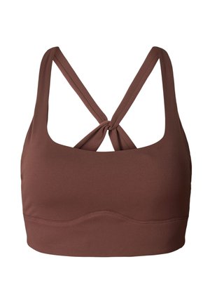 Brassière de sport marron avec un col dégagé, des bretelles croisées dans le dos, et une finition en tissu lisse. Aucun motif ni élément métallique visible.