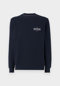 Marineblauwe sweatshirt van katoen, met een ronde hals, geribde manchetten en tailleband, en een witte "HILFIGER" logo op de borst.