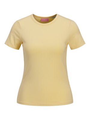 Tricou galben cu mânecă scurtă, realizat din bumbac neted, cu decolteu rotund și croi slim-fit. Eticheta este vizibilă în interiorul gulerului.