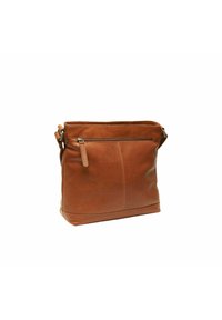 Brown leather shoulder bag with a top zipper, side zip pocket, structured shape, visible stitching, and a flat base for stability.