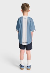 Lichtblauwe korte mouwen jersey met een verticale witte streep en zwarte accenten. De tekst "INTERNATIONALS" nabij de zoom. Gied gedragen met donkere shorts.