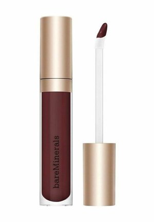 Flydende læbestift med guldlåg mærket bareMinerals, åben med applikatorstav, der viser en dyb bordeauxfarve på spidsen.