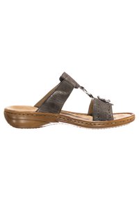 Gray leather sandals with a textured finish, open-toe design, and a decorative metal accent on the strap. Comfortable low wedge sole.