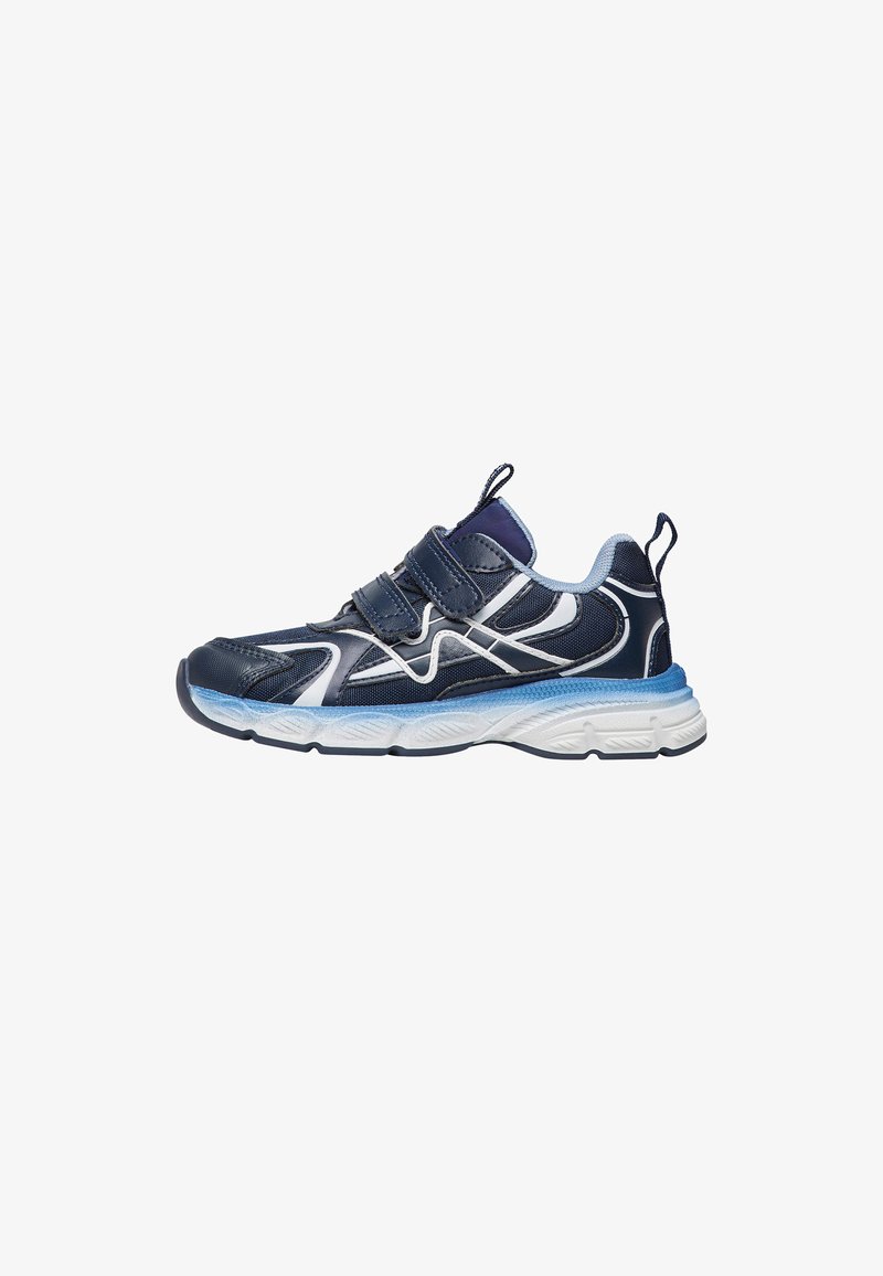 Sneaker per bambini blu navy con dettagli bianchi e azzurri, due cinturini in velcro e suola in gomma texture.