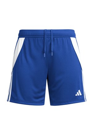 Shorts de sport bleus en tissu lisse avec des panneaux latéraux blancs et trois rayures blanches de chaque côté. Comprend une taille ajustable avec cordon.