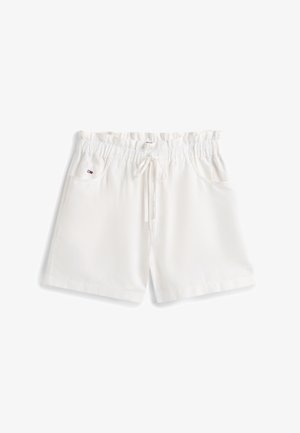 Hvide afslappede shorts med elastisk taljebånd, bindesnor, forlommer og lille flaglogo på venstre lomme.