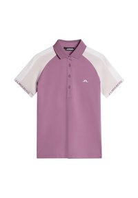 Polo a maniche corte di colore lavanda con colletto, maniche raglan bianche a contrasto, doppio bottone ed dettaglio del logo.
