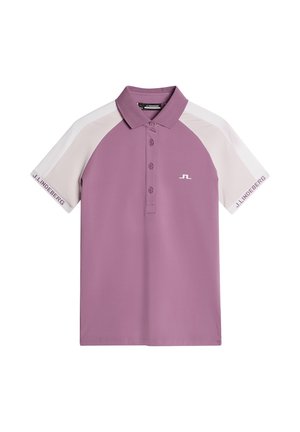 Korte mouwen polo shirt in lichtpaars met een kraag, contrasterende witte raglannen mouwen, knoopsluiting met drie knopen en logo detail.