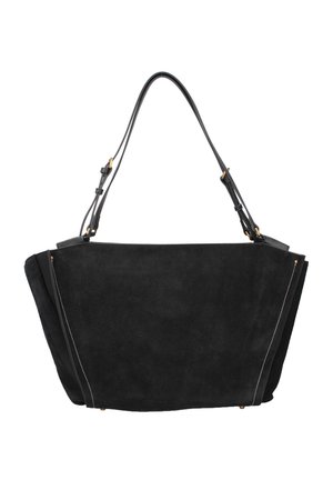 Black suede tote bag with adjustable leather shoulder straps and subtle gold-tone hardware accents.
