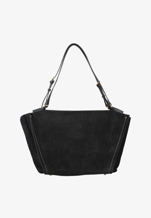 Black suede tote bag with adjustable leather shoulder straps and subtle gold-tone hardware accents.