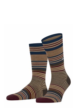 Calze a righe con una combinazione di colori blu, marrone e bordeaux, con la punta e il tallone marroni scuri, esposte in posizione verticale su uno sfondo bianco.